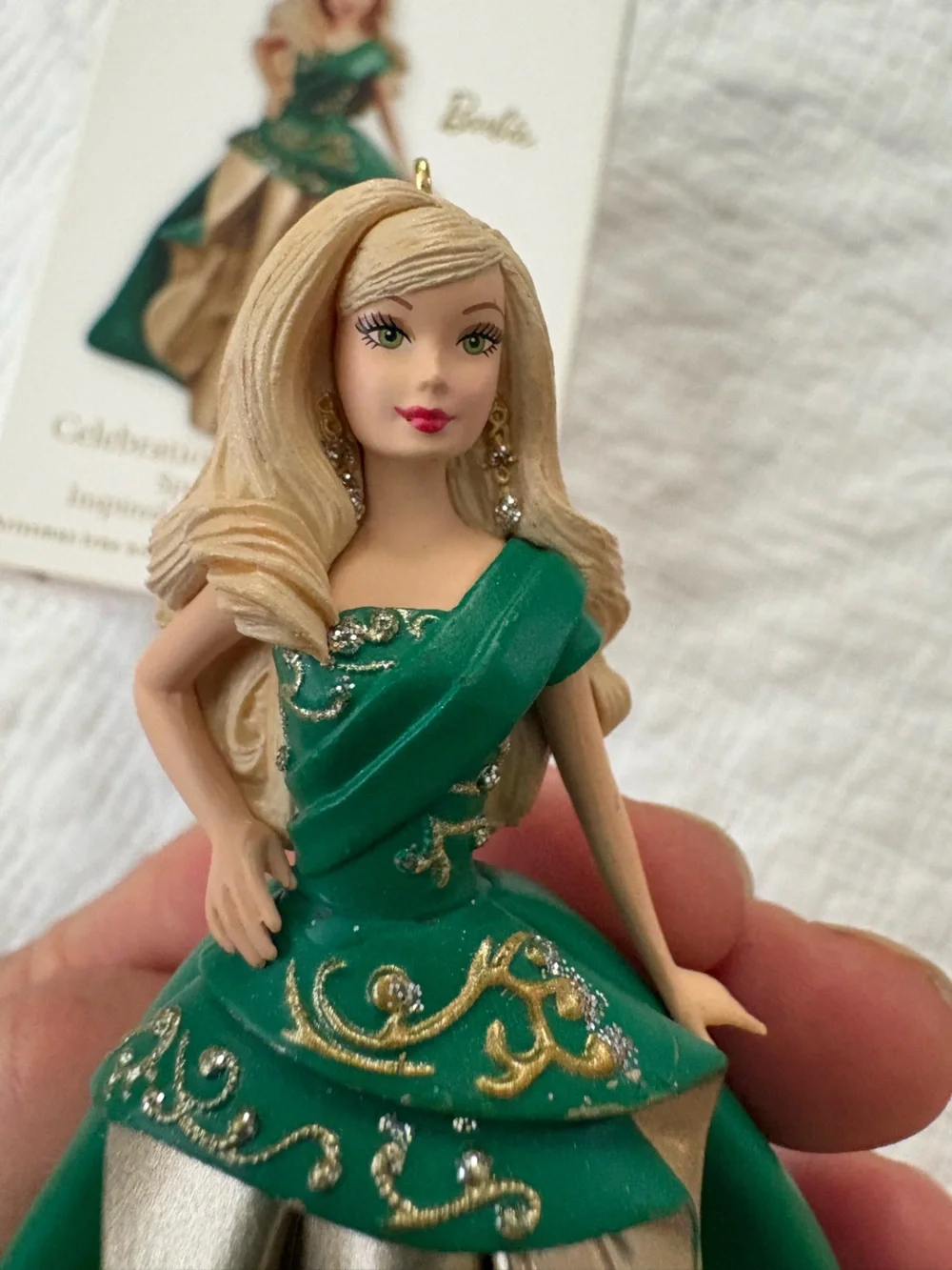 Hallmark Keepsake 2011 Barbie  Celebration Ornament Green/Gold Dress   With Box